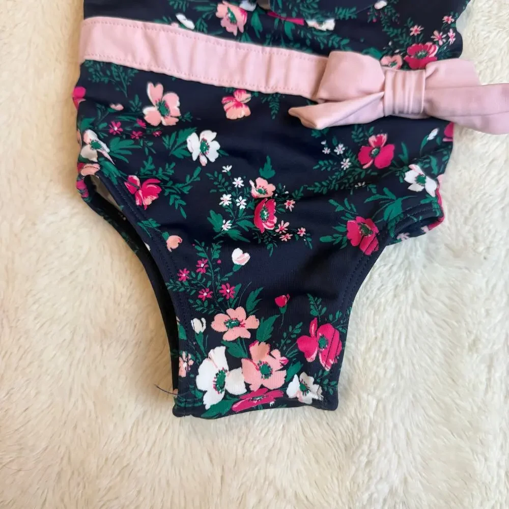 Janie Jack Swimsuit One Piece Navy Blue Pink Ruffle Bow Baby Girl 6-12 Months